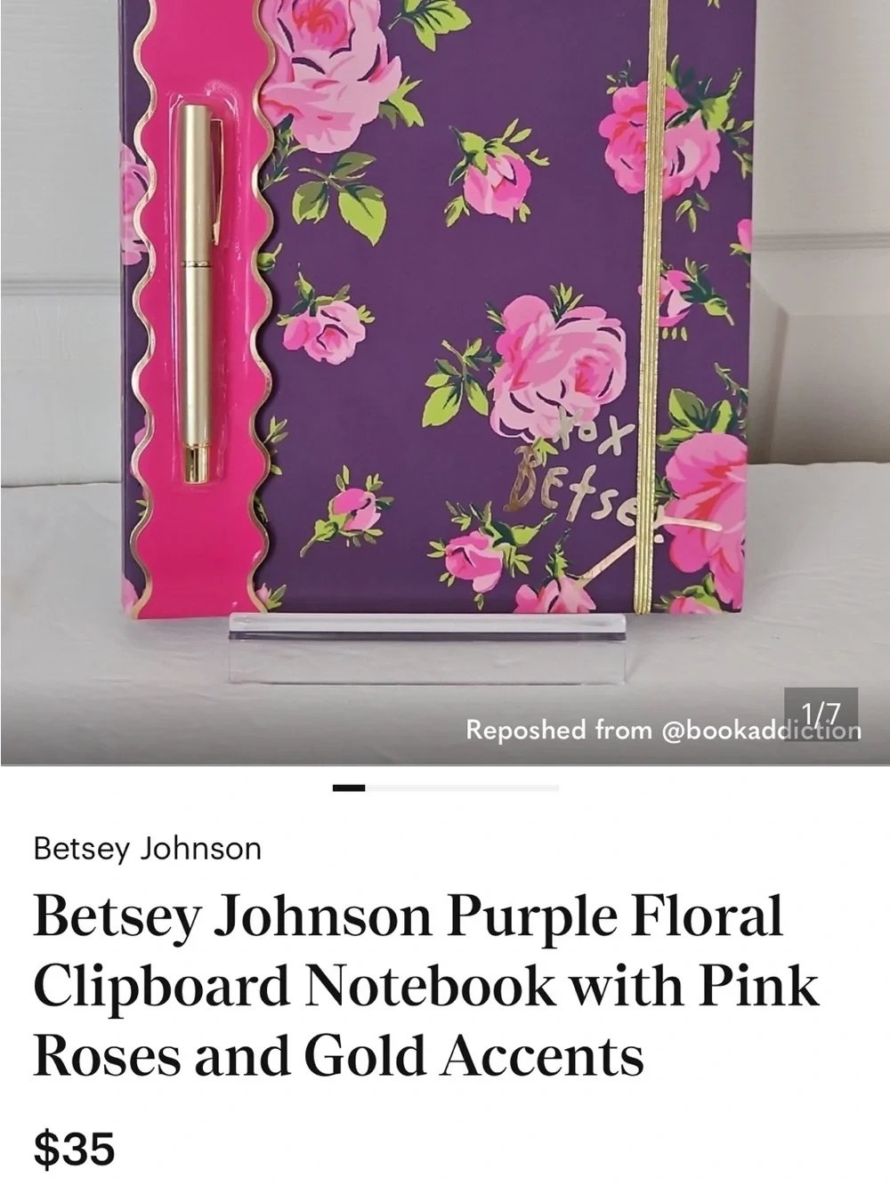 Betsey Johnson Pink Floral Clipboard Notepad with Gold Clip & Pen